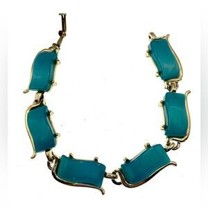 Vintage Gold Tone Blue Thermoset Rectangular Linked Bracelet MCM